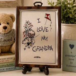 VTG 70s I Love My Grandpa Wall Plaque Wood Framed Aluminum Wall Hanging Nursery